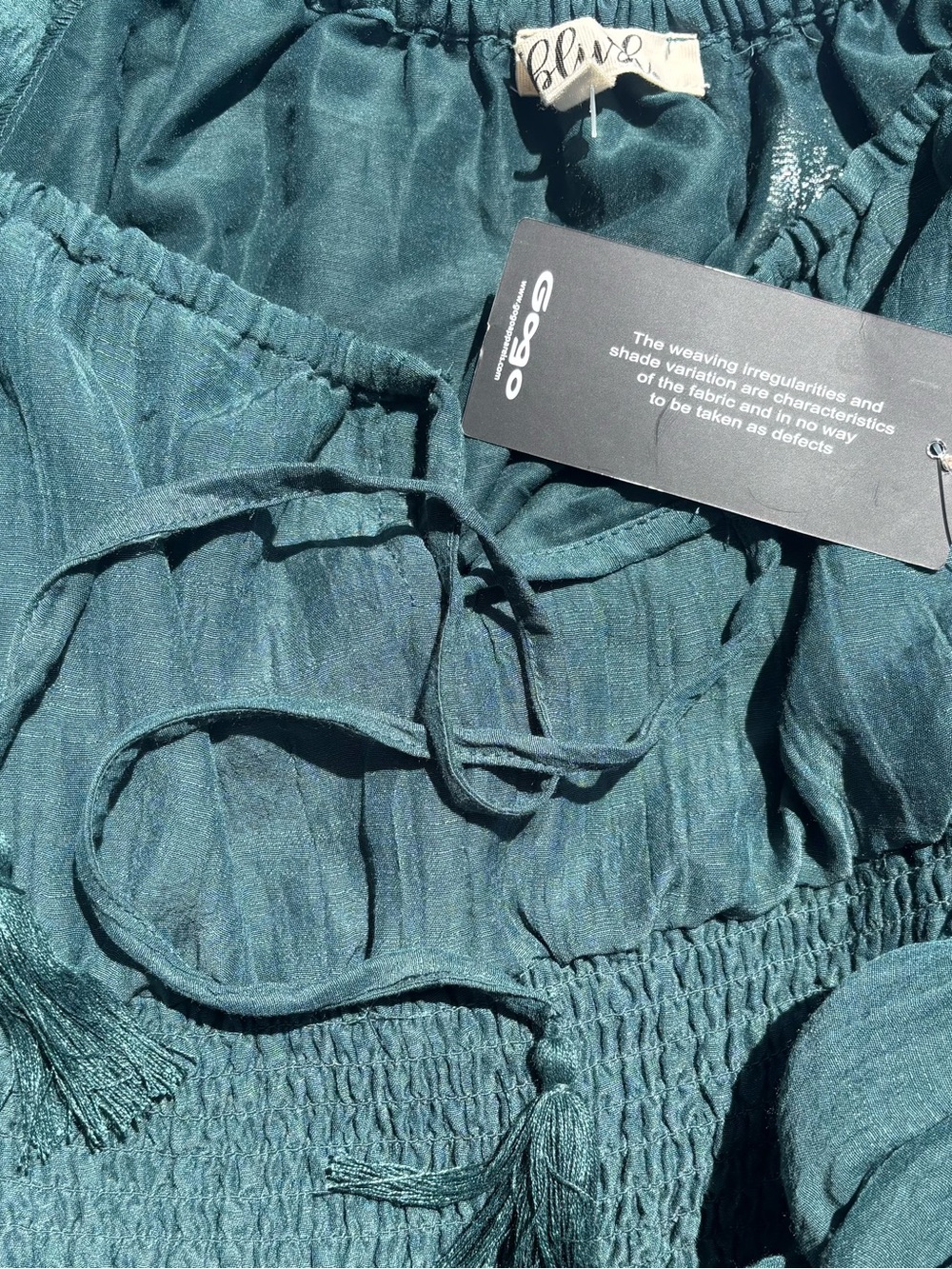 Blumo Teal Green Peasant Blouse with Tassel Tie